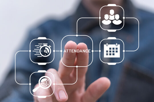 Attendance Management Business Education concept. Man working on virtual touch screen presses word: ATTENDANCE. Office software and user personal account.