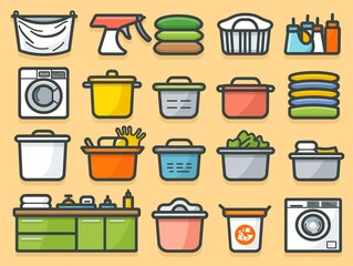 A set of kitchen items including a dishwasher, pots, pans, and a washing machine. The image is colorful and cheerful, with a bright orange and green color scheme
