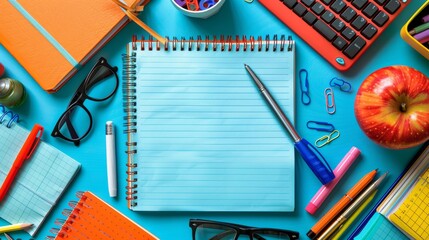 study workspace, desk with school essentials pen, blank notepad for text top view with copy space
