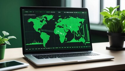 green globe with a stock chart on the laptop screen. Green business concept. Digital sustainability. Future green energy innovation business trend	