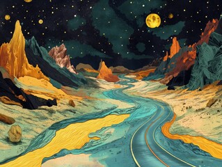 A painting of a road with mountains in the background and a large yellow moon in the sky. The mood of the painting is serene and peaceful
