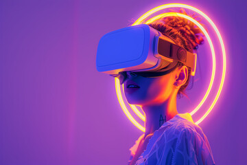 Beautiful woman with VR glasses and headset. Metaverse digital virtual reality technology. Augmented reality, game, future technology, AI concept. Pro gamer girl. Illustration in anime style