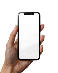 Hand holding rectangular communication device with white screen