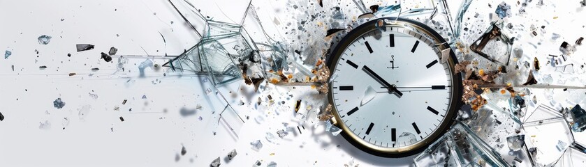Broken clock reflecting destruction with debris scattered around, isolated, clean white background