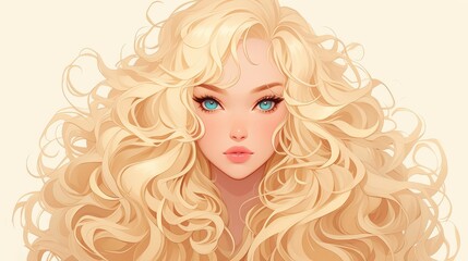 A stunning cartoon character captures attention with her beautiful blonde hair cascading in magnificent curls depicted in a portrait set against a crisp white background