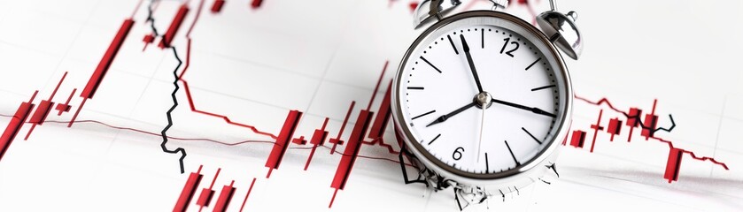 Broken clock showcasing financial downfall with a downward graph behind it, isolated, white background, plenty of space