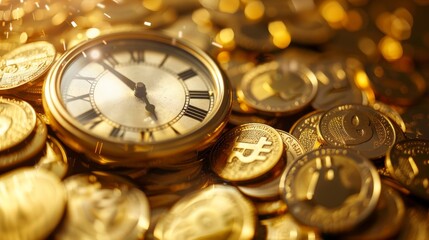 Clock highlighting financial growth surrounded by gold coins on a bright background, isolated, copy space
