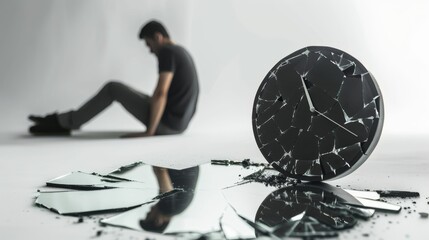 Broken clock reflecting despair with a sad person in the background, isolated, clean white background