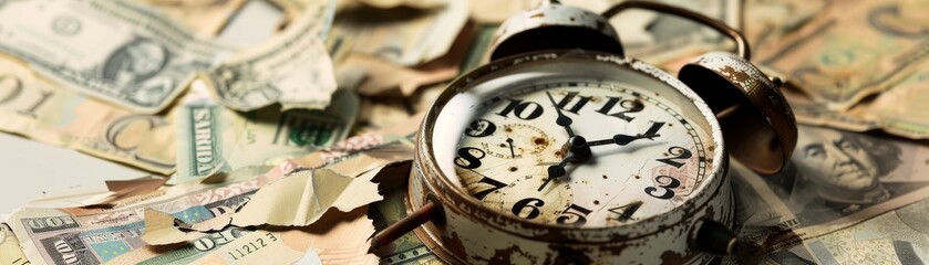Fototapeta premium Broken clock symbolizing loss with torn banknotes scattered in the background, isolated, plenty of space