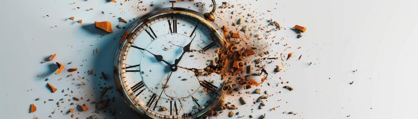 Broken clock with debris scattered around, isolated, white background, copy space