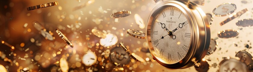 Clock symbolizing wealth with coins and banknotes floating around on a lavish backdrop, isolated, plenty of space