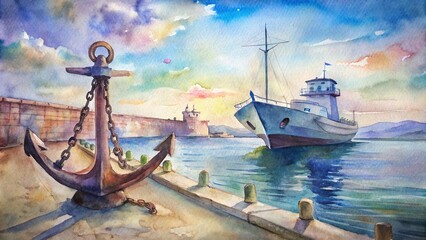 Watercolor painting of an anchor on the embankment and a cruiser in the port of Novoross