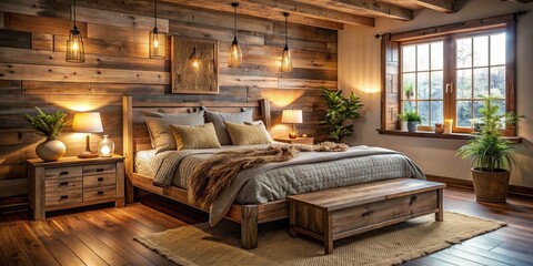 Cozy bedroom with a rustic wooden bed, soft bedding, and warm lighting