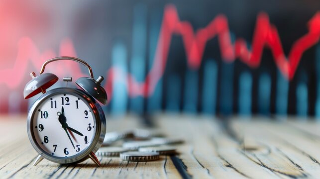 Broken clock symbolizing financial decline with a downward graph in the background, isolated, plenty of space