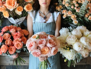 A woman stands in front of a display of flowers, holding a bouquet of pink and white flowers