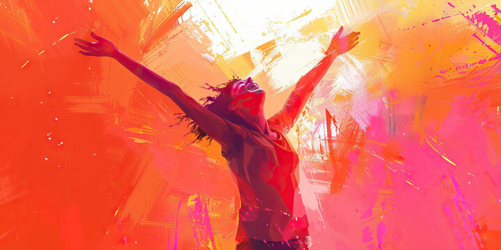 Embracing Ecstasy (Electric Violet): A figure exultantly throwing their arms up in joy, surrounded by vibrant colors that represent the thrill of discovery and innovation.