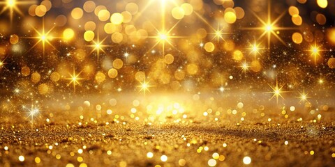 Abstract gold shiny Christmas background with bokeh lights and holiday golden dust particles
