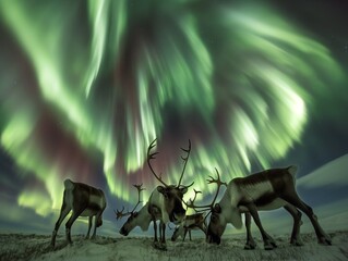 A herd of reindeer are grazing in a field under a bright aurora. The scene is peaceful and serene, with the glowing lights of the aurora creating a sense of wonder and awe