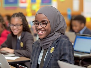 A girl wearing glasses and a scarf is smiling at the camera. She is sitting at a desk with a laptop in front of her