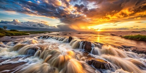 Muddy river cascading into the ocean during a dramatic sunset