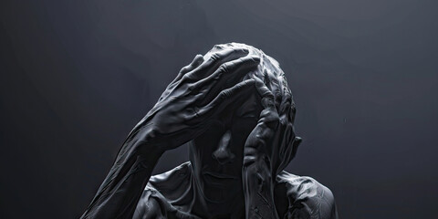 The Overwhelming Cloud of Uncertainty: A silhouette of a person, hands held tightly to their head, seemingly consumed by an ominous, foreboding sense of unease and apprehension