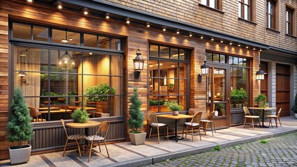 Cozy urban cafe exterior facade with wooden decor accents and large window
