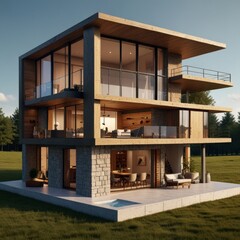 Modern home cross section, 3d rendering minimalist