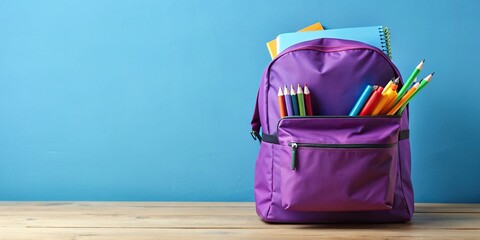 Purple backpack filled with school supplies against a blue background