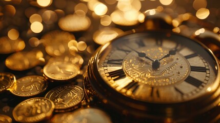 Clock representing time and money surrounded by gold coins on a bright background, clear and isolated