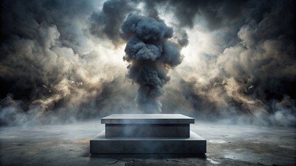 Dark stormy atmosphere with smoke hovering over a concrete podium