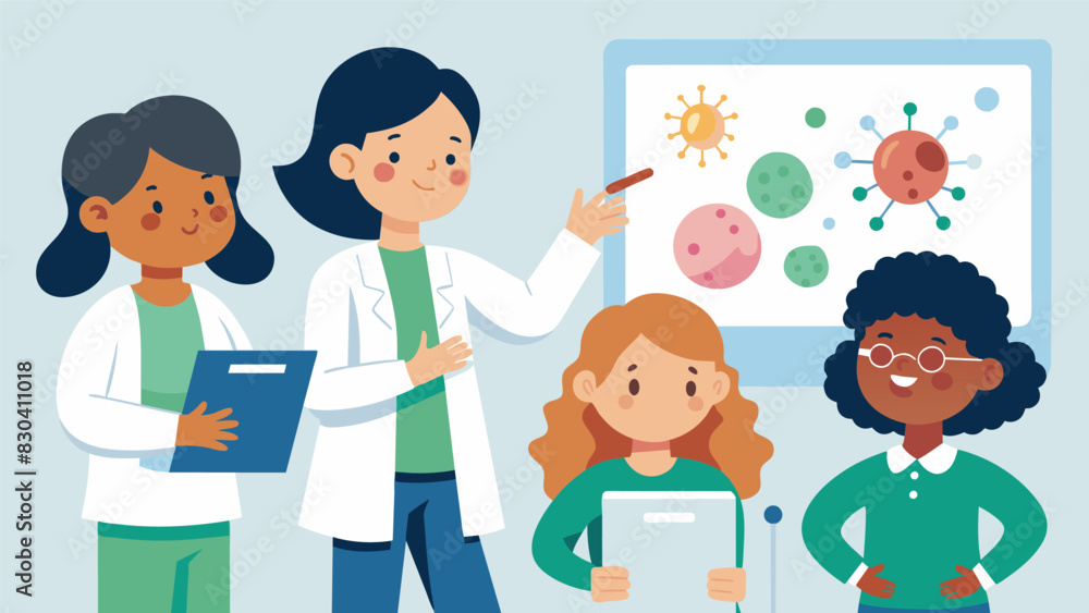 Poster A team of young girls proudly displaying their microscope slides of different microorganisms explaining their findings and observations.. Vector illustration