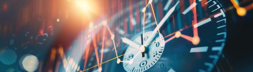 Clock representing time and progress with light shining down and an upward trend line graph behind, clear white background