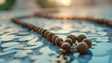 Closeup of tasbih or rosary on a white background. Selective focus and copy space. 