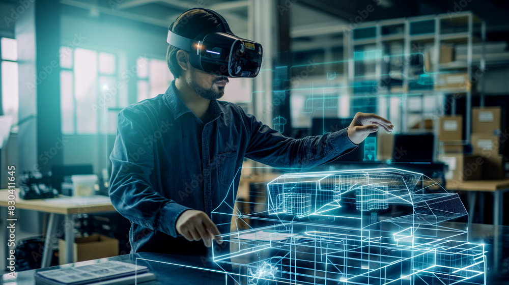 Poster an engineer working with the blue prints of a project through virtual reality technology, futuristic