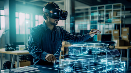 an engineer working with the blue prints of a project through virtual reality technology, futuristic tech use in industry 