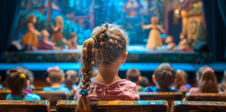 On Children's Day, children watch a puppet show in a theater, sitting in the seats facing away from them. The show has a concept aimed at children.