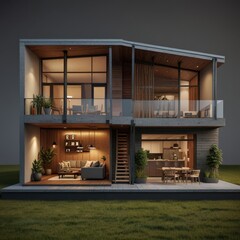 Modern home cross section, 3d rendering minimalist