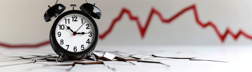 Broken clock showcasing financial downfall with a downward graph behind it, isolated, white background, plenty of space
