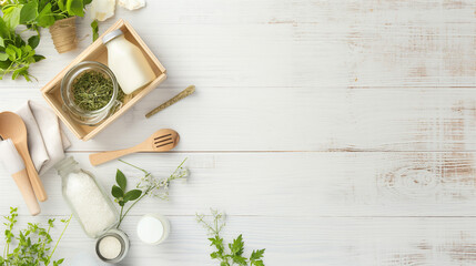 Kitchen accessories on white wooden background