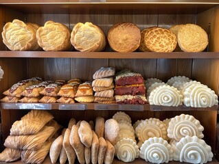 A display of baked goods, including a variety of pastries and cakes, arranged on shelves. The assortment of items suggests a bakery or a store that sells baked goods. Scene is inviting and appetizing