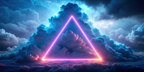 Glowing neon triangle shining in stormy clouds