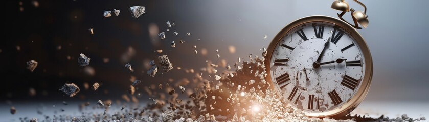 Broken clock showcasing decline with dim, dark lights behind it, isolated, white background, plenty of space
