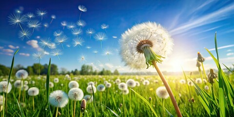A tranquil nature scene of a dandelion blowing in a summer meadow under a clear blue sky