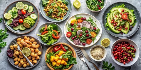Veganuary feast featuring assorted salads and healthy plates on light gray table