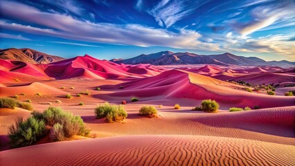 Vibrant pink desert landscape with sandy hills and clear blue sky