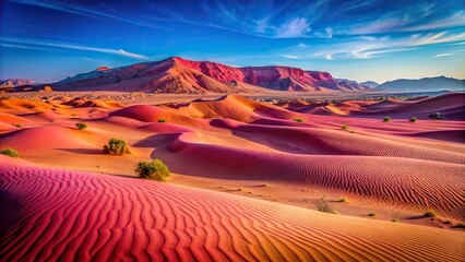 Vibrant pink desert landscape with sandy hills and clear blue sky