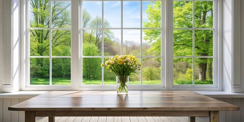 A white wood table with a large spring window providing natural light and copy space