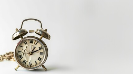Broken clock with the word Bankruptcy in the background, isolated, white background, copy space