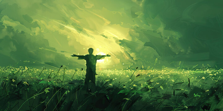 The Dawn of Possibility: An uplifted figure, bathed in the warm glow of a rising sun, embracing the promise of hope and potential.