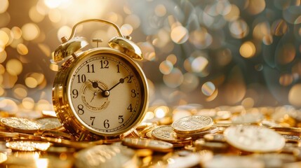 Clock highlighting financial growth surrounded by gold coins on a bright background, isolated, copy space